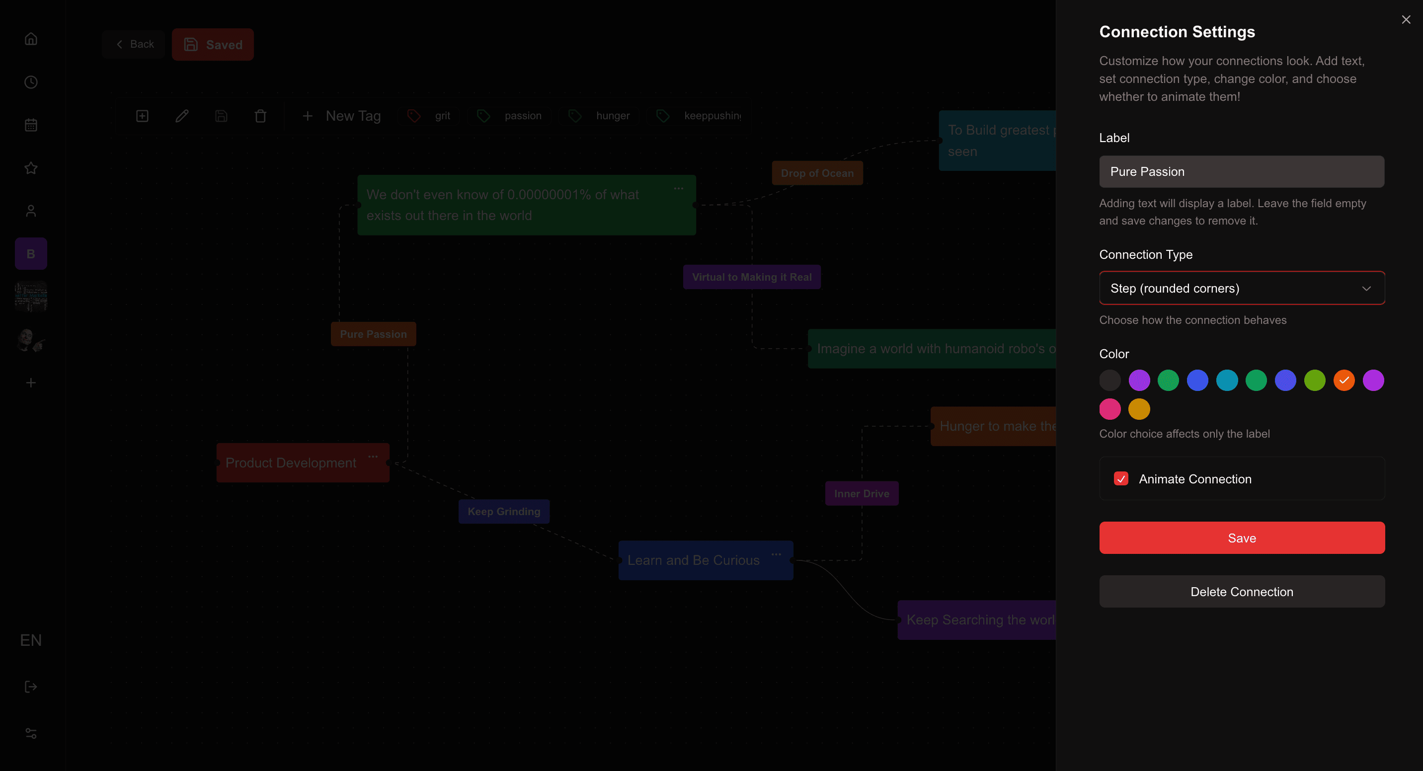 MindMap Edit Options page - dark theme