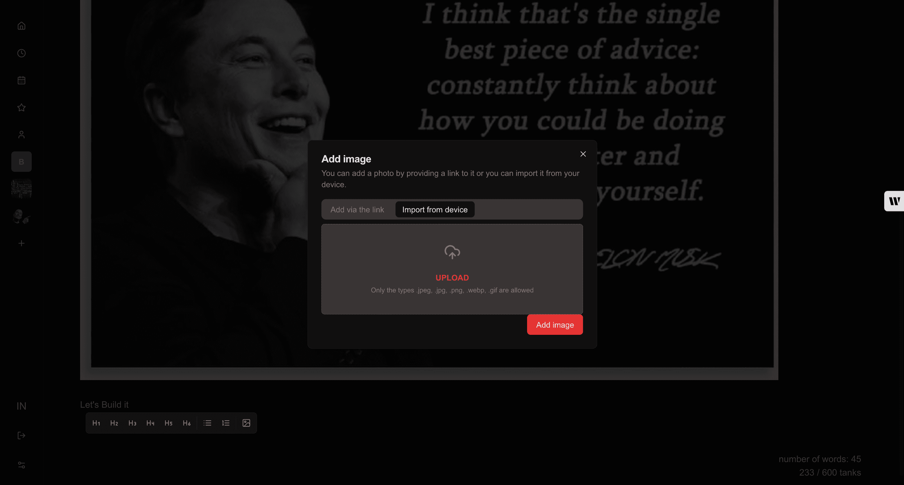 Task Content Add Image from device page - dark theme