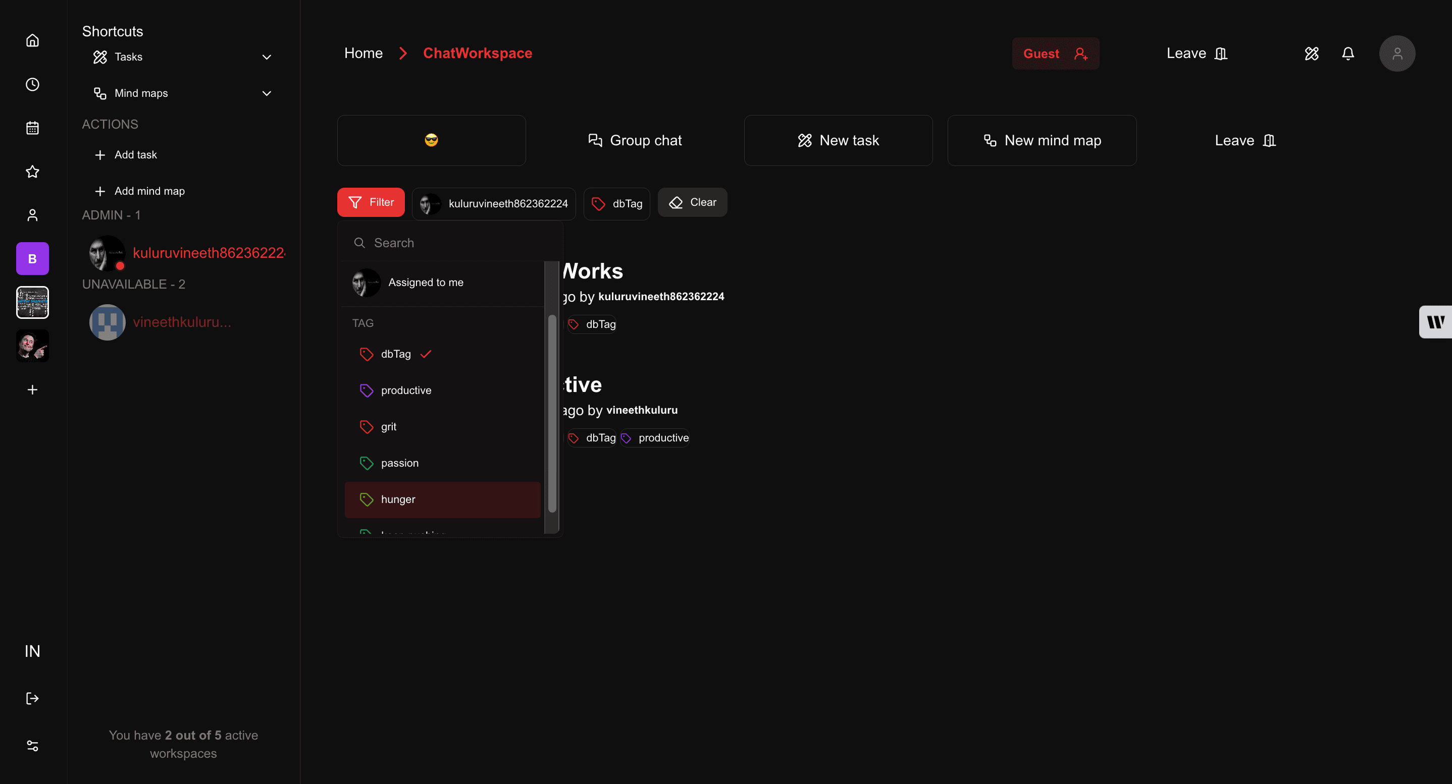 Workspace main page - dark theme